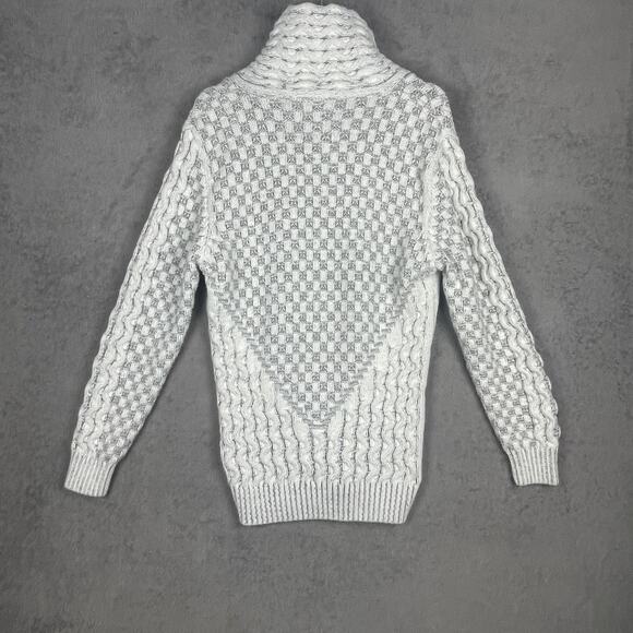 Leif Nelson Mens Large Gray Shawl Collar Toggle Chunky Cable Knit Sweater Cozy - Picture 8 of 12